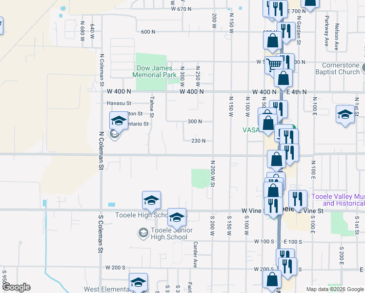map of restaurants, bars, coffee shops, grocery stores, and more near 260 West Utah Avenue in Tooele