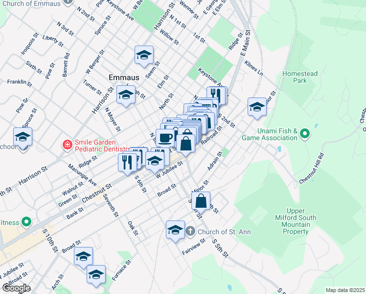 map of restaurants, bars, coffee shops, grocery stores, and more near 409 Railroad Street in Emmaus