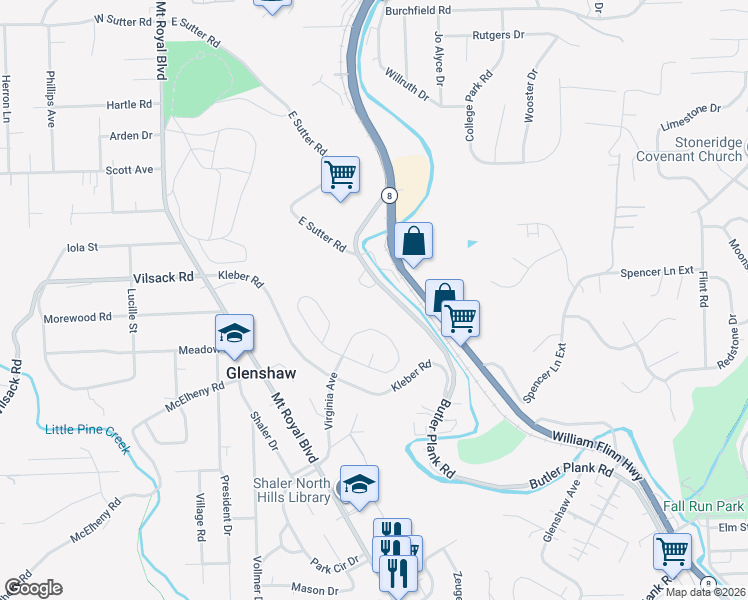 map of restaurants, bars, coffee shops, grocery stores, and more near 234 Delaware Drive in Glenshaw