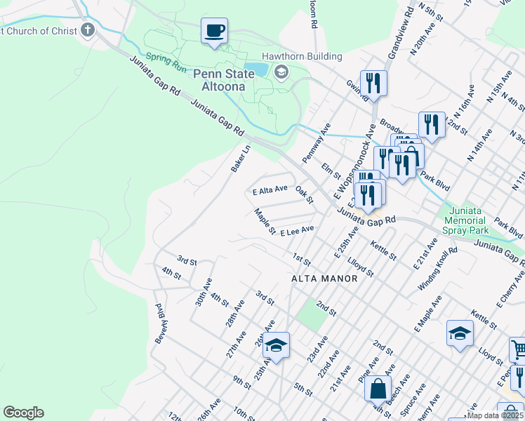 map of restaurants, bars, coffee shops, grocery stores, and more near 209 East Fairview Avenue in Altoona