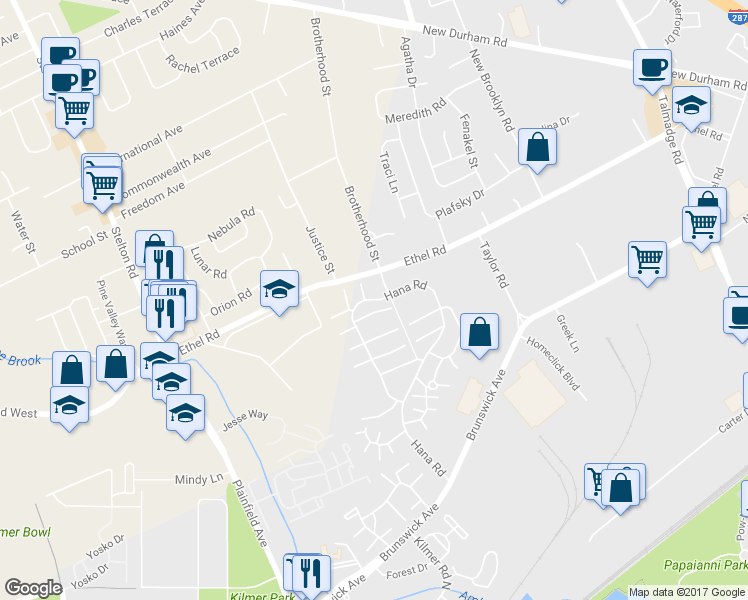 map of restaurants, bars, coffee shops, grocery stores, and more near 4306 Hana Road in Edison