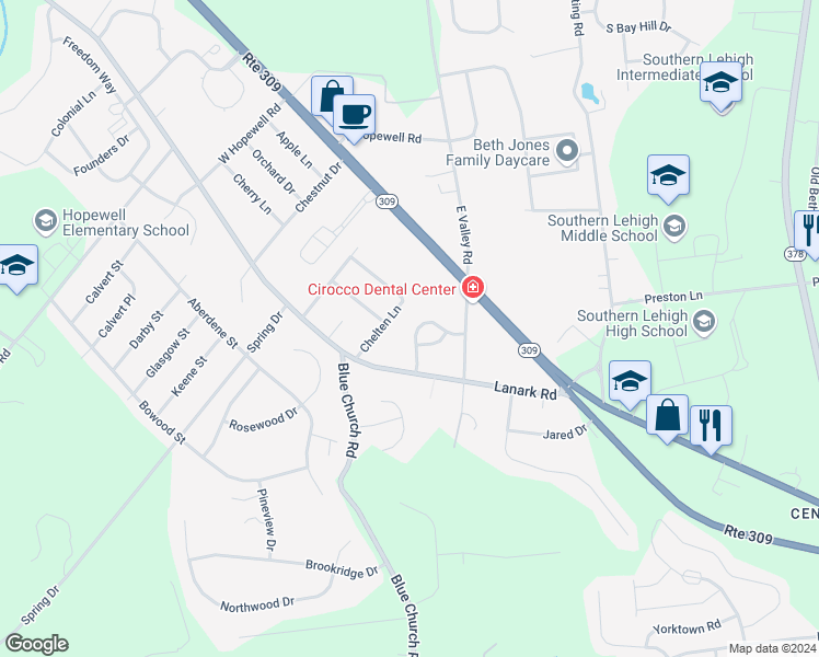map of restaurants, bars, coffee shops, grocery stores, and more near 4139 Waterford Drive in Lehigh County