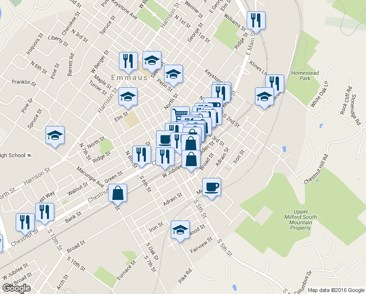 map of restaurants, bars, coffee shops, grocery stores, and more near 422 Chestnut Street in Emmaus