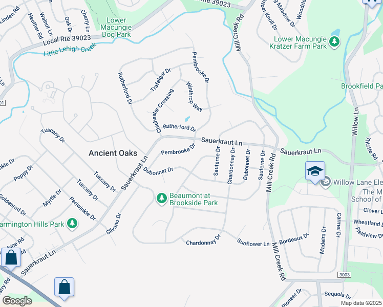 map of restaurants, bars, coffee shops, grocery stores, and more near 2087 Pembrooke Drive in Macungie