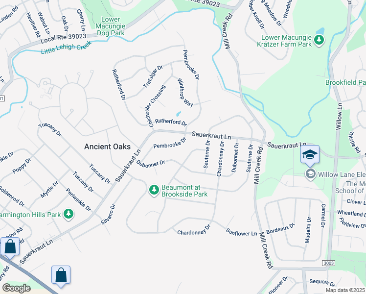 map of restaurants, bars, coffee shops, grocery stores, and more near 2087 Pembrooke Drive in Macungie