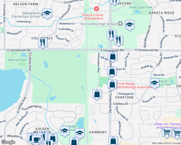 map of restaurants, bars, coffee shops, grocery stores, and more near 3801 Automation Way in Fort Collins