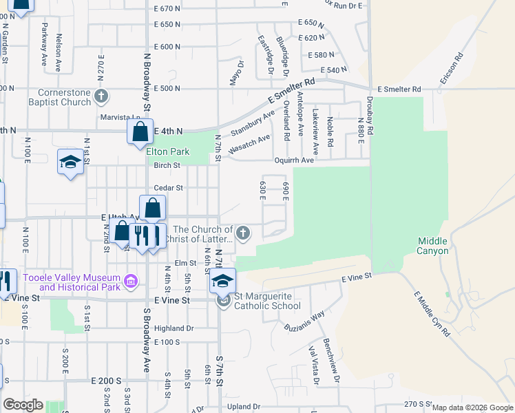 map of restaurants, bars, coffee shops, grocery stores, and more near 211 630 East in Tooele