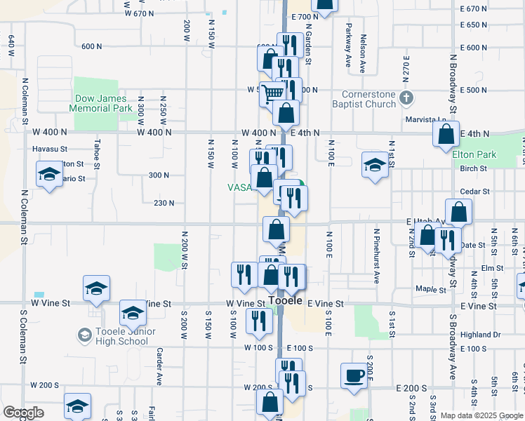 map of restaurants, bars, coffee shops, grocery stores, and more near 201 North Main Street in Tooele