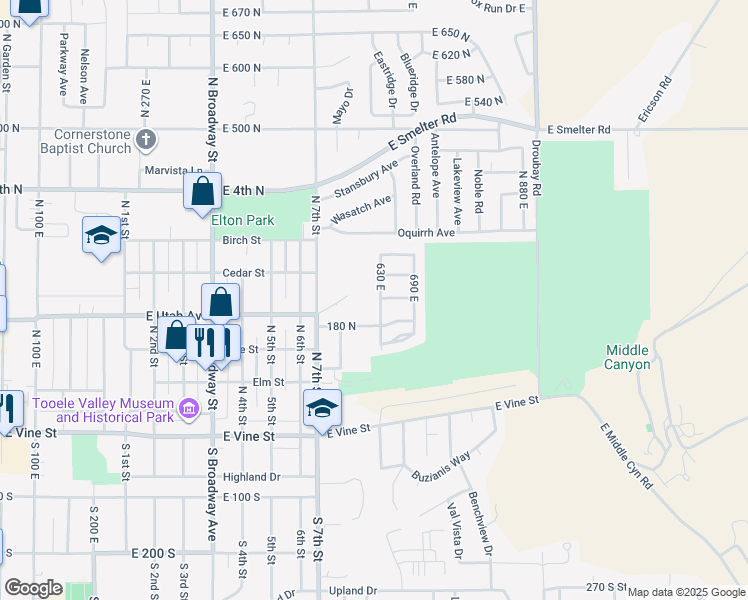 map of restaurants, bars, coffee shops, grocery stores, and more near 191 630 East in Tooele