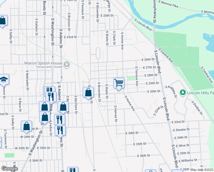 map of restaurants, bars, coffee shops, grocery stores, and more near 2901 South Waite Street in Marion
