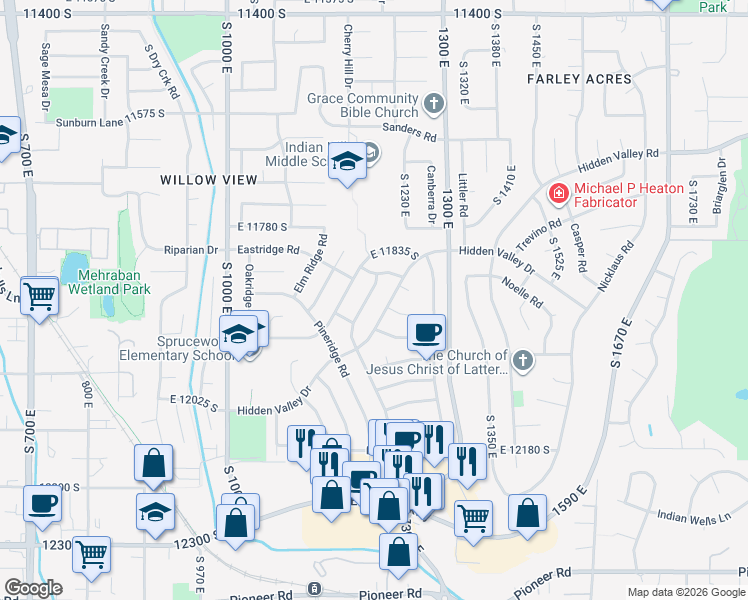 map of restaurants, bars, coffee shops, grocery stores, and more near 11938 Hidden Valley Drive in Sandy