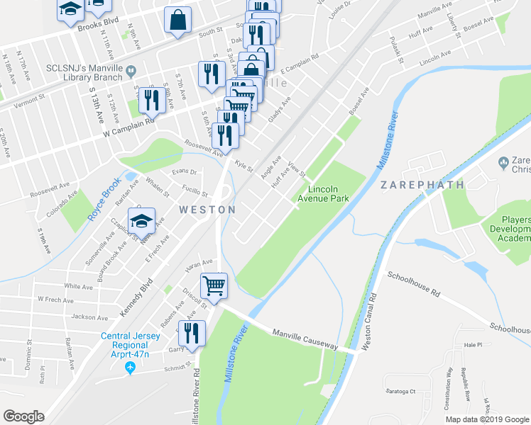 map of restaurants, bars, coffee shops, grocery stores, and more near 109 Boesel Avenue in Manville