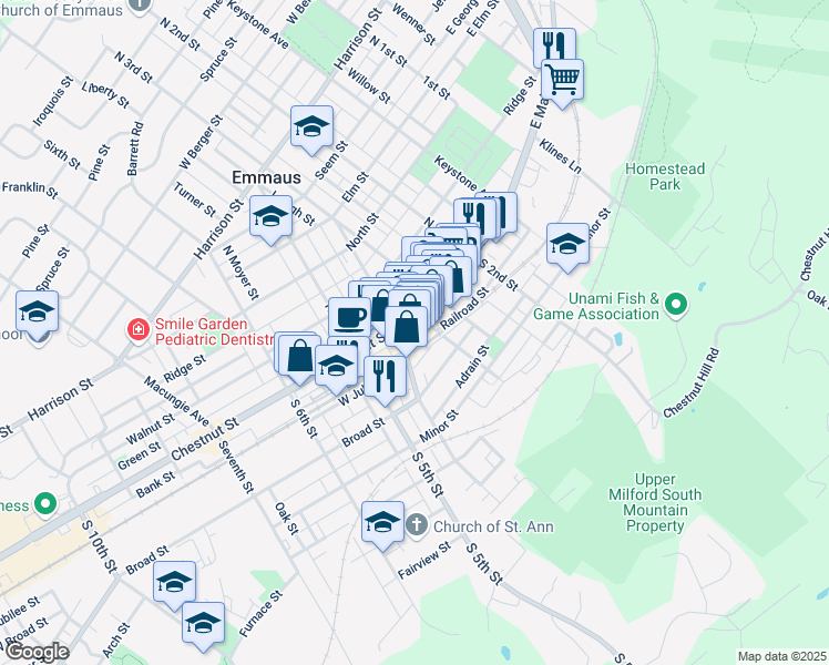 map of restaurants, bars, coffee shops, grocery stores, and more near in Emmaus