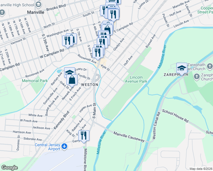 map of restaurants, bars, coffee shops, grocery stores, and more near 85 Boesel Avenue in Manville