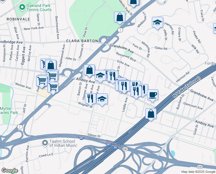 map of restaurants, bars, coffee shops, grocery stores, and more near 218 Cabot Avenue in Edison
