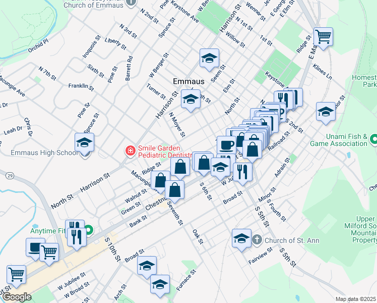 map of restaurants, bars, coffee shops, grocery stores, and more near 569 Ridge Street in Emmaus