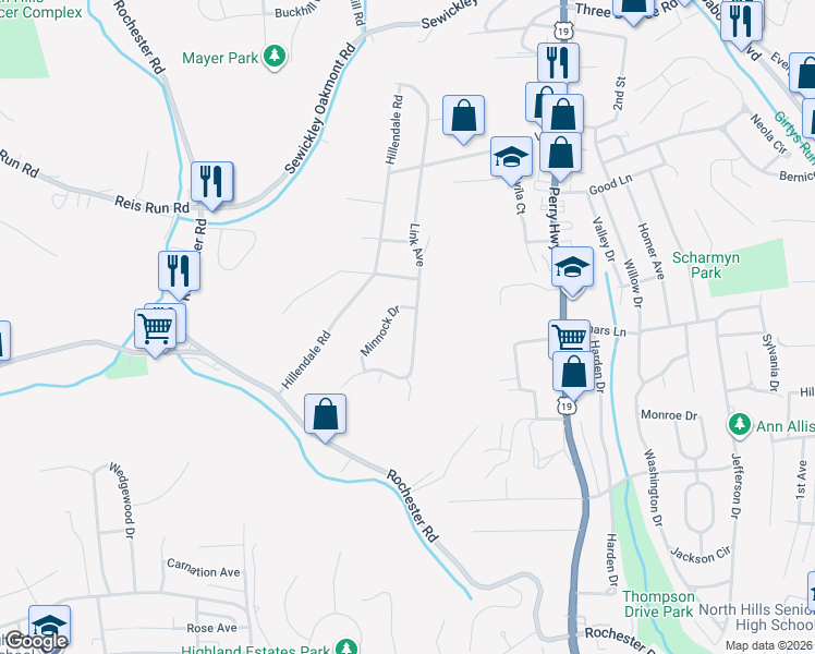 map of restaurants, bars, coffee shops, grocery stores, and more near 166 Link Avenue in Pittsburgh