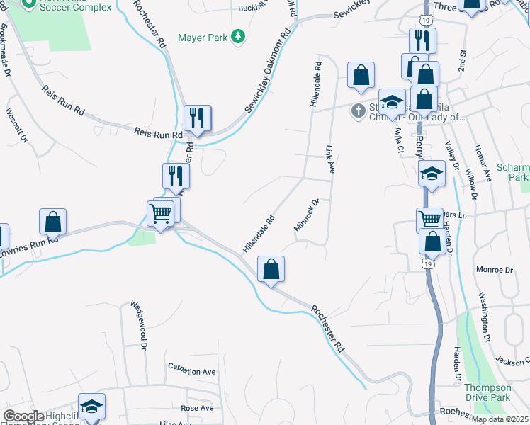 map of restaurants, bars, coffee shops, grocery stores, and more near 223 Hillendale Road in Pittsburgh