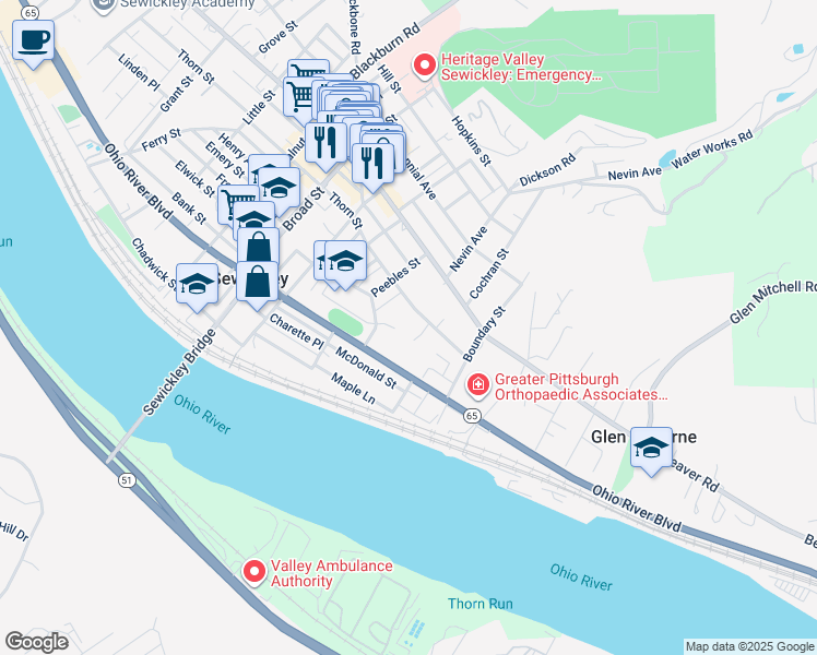 map of restaurants, bars, coffee shops, grocery stores, and more near 842 Thorn Street in Sewickley