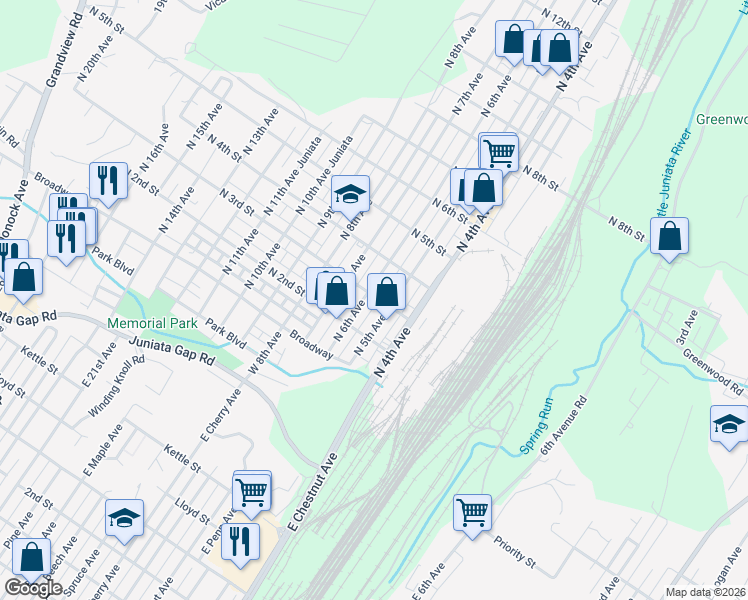 map of restaurants, bars, coffee shops, grocery stores, and more near 511 North 3rd Street in Altoona