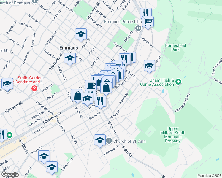 map of restaurants, bars, coffee shops, grocery stores, and more near 332 Main Street in Emmaus