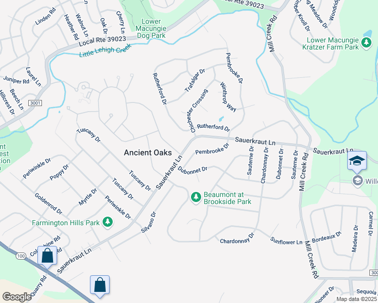 map of restaurants, bars, coffee shops, grocery stores, and more near 2208 Pembrooke Drive in Macungie