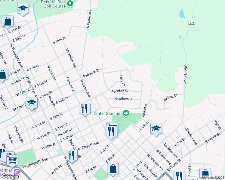 map of restaurants, bars, coffee shops, grocery stores, and more near 610 Parkdale Drive in Dover