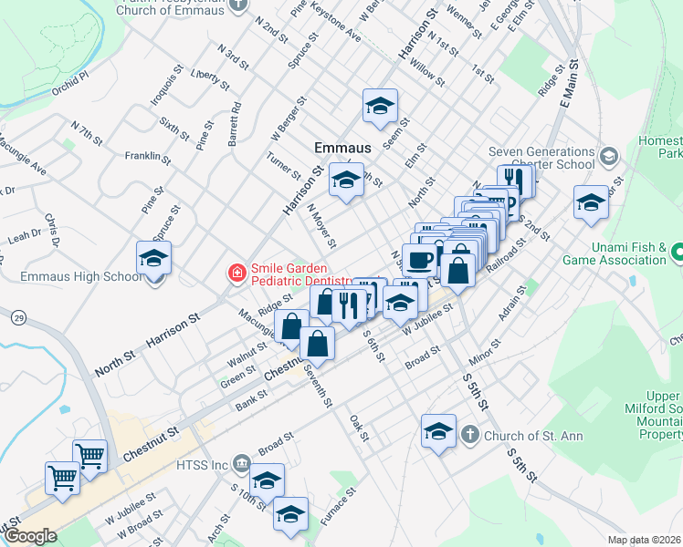 map of restaurants, bars, coffee shops, grocery stores, and more near 569 Ridge Street in Emmaus
