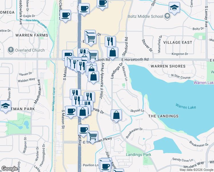 map of restaurants, bars, coffee shops, grocery stores, and more near 3737 Landings Drive in Fort Collins