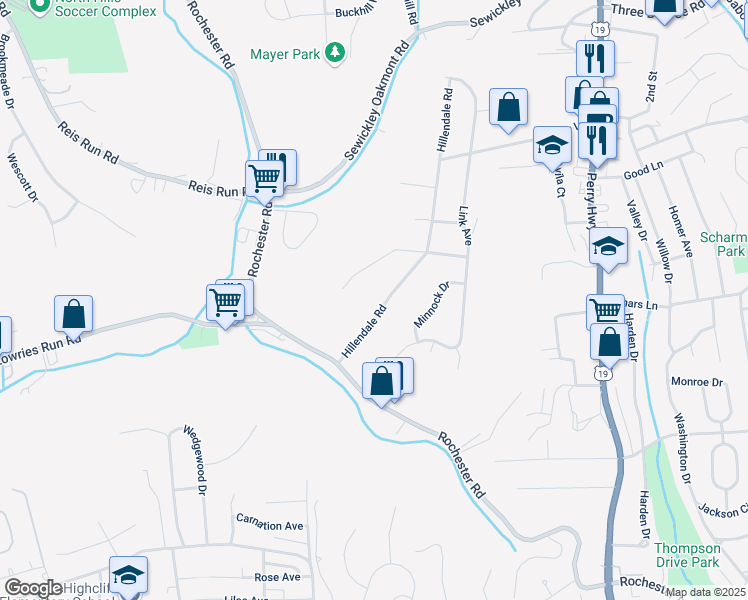 map of restaurants, bars, coffee shops, grocery stores, and more near 223 Hillendale Road in Pittsburgh