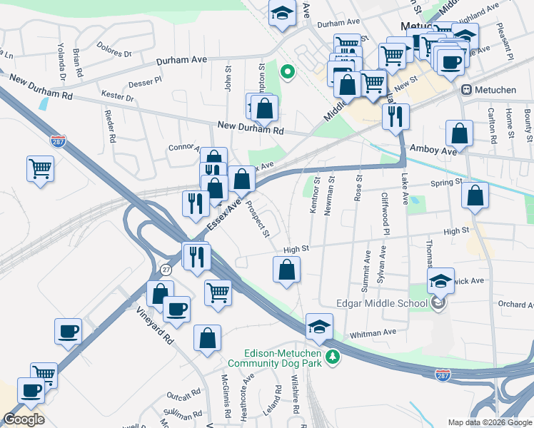 map of restaurants, bars, coffee shops, grocery stores, and more near 40-3 Prospect Street in Metuchen
