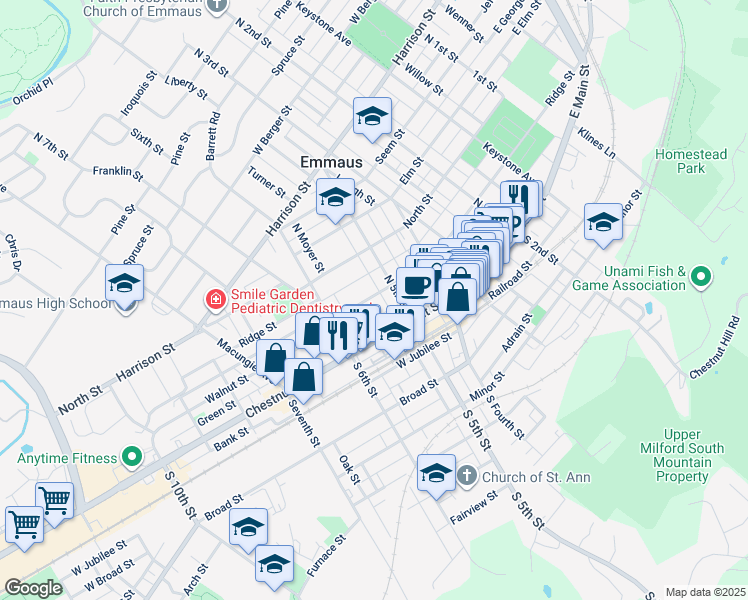 map of restaurants, bars, coffee shops, grocery stores, and more near 524 Ridge Street in Emmaus