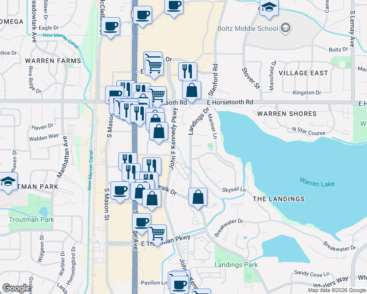 map of restaurants, bars, coffee shops, grocery stores, and more near Bockman Drive in Fort Collins