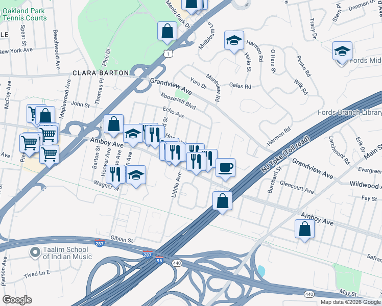 map of restaurants, bars, coffee shops, grocery stores, and more near 20 6th Street in Edison