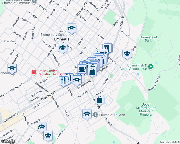 map of restaurants, bars, coffee shops, grocery stores, and more near 409 Railroad Street in Emmaus
