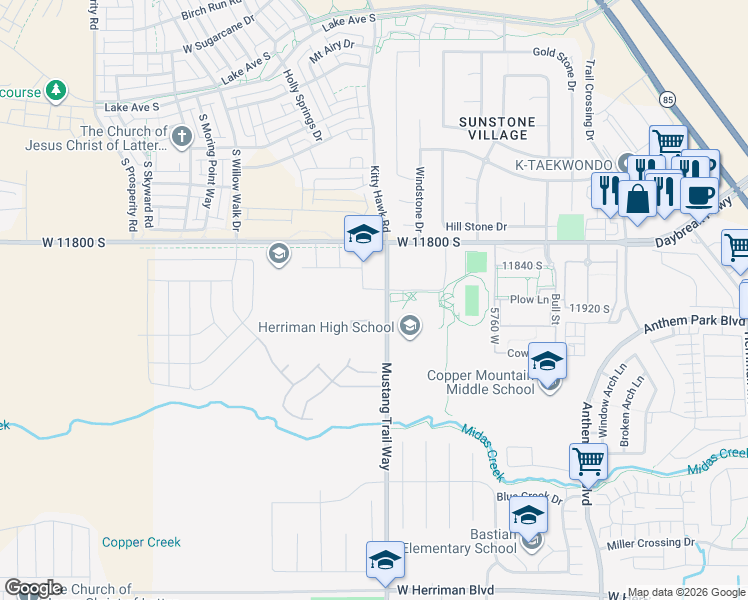 map of restaurants, bars, coffee shops, grocery stores, and more near 11904 Mustang Trail Way in Herriman