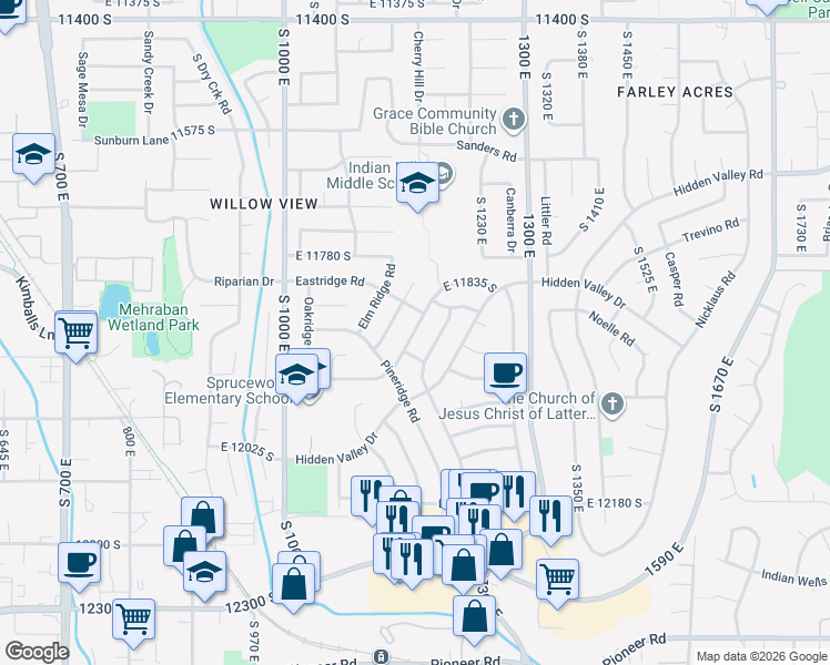 map of restaurants, bars, coffee shops, grocery stores, and more near 11904 Cedar Ridge Road in Sandy