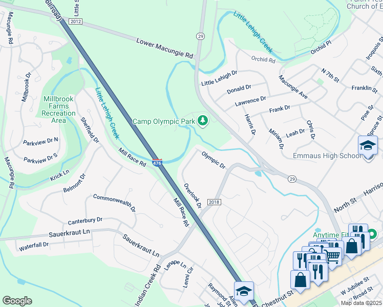 map of restaurants, bars, coffee shops, grocery stores, and more near 3154 Overlook Drive in Emmaus