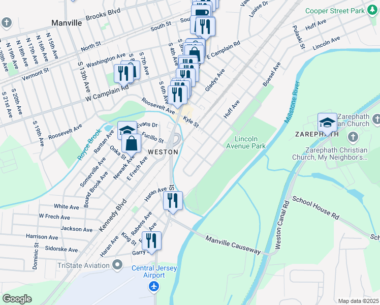 map of restaurants, bars, coffee shops, grocery stores, and more near 55 Benjamin Street in Manville