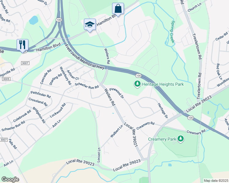 map of restaurants, bars, coffee shops, grocery stores, and more near 1556 Pinewind Drive in Alburtis