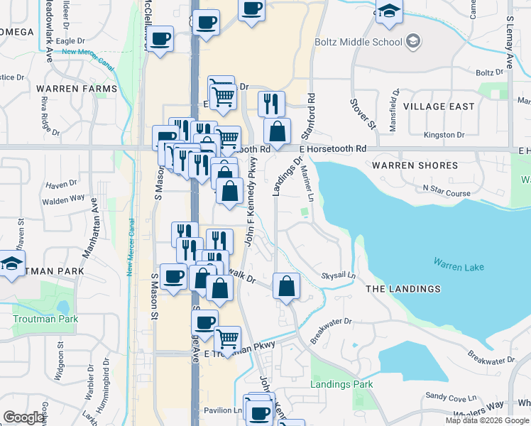 map of restaurants, bars, coffee shops, grocery stores, and more near Bockman Drive in Fort Collins