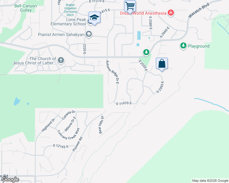 map of restaurants, bars, coffee shops, grocery stores, and more near 11932 Autumn Ridge Drive East in Sandy