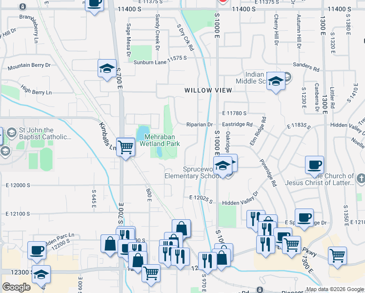 map of restaurants, bars, coffee shops, grocery stores, and more near 11903 Pond Ridge Drive in Draper