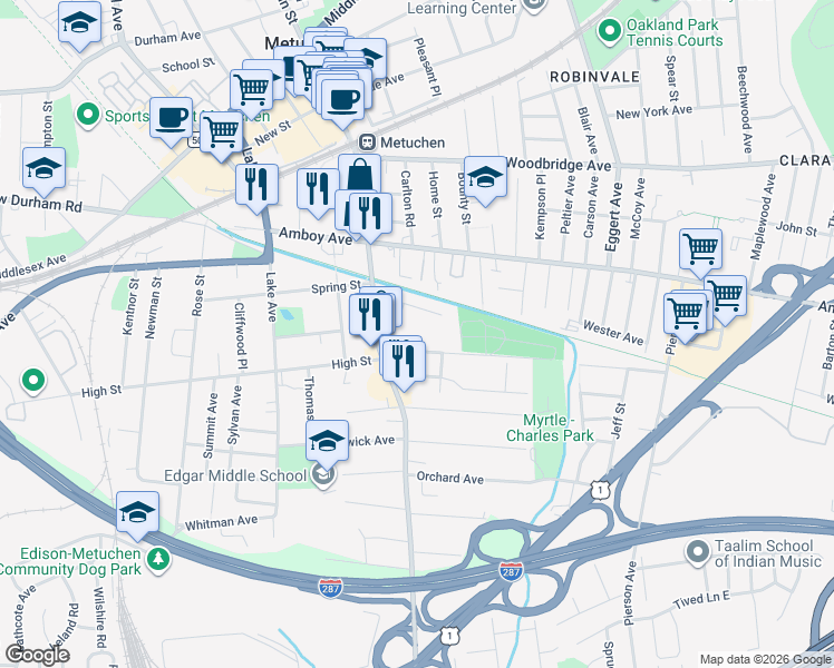 map of restaurants, bars, coffee shops, grocery stores, and more near 36 Lincoln Avenue in Metuchen