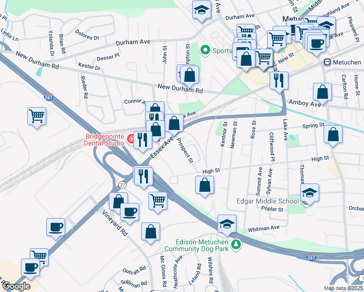 map of restaurants, bars, coffee shops, grocery stores, and more near 37 Prospect Street in Metuchen