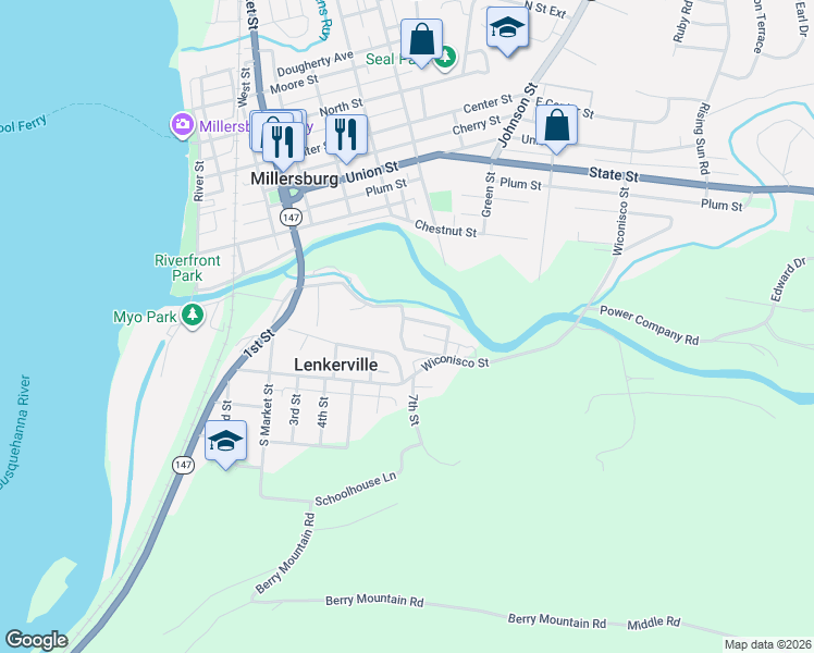 map of restaurants, bars, coffee shops, grocery stores, and more near 99 Spruce Street in Millersburg
