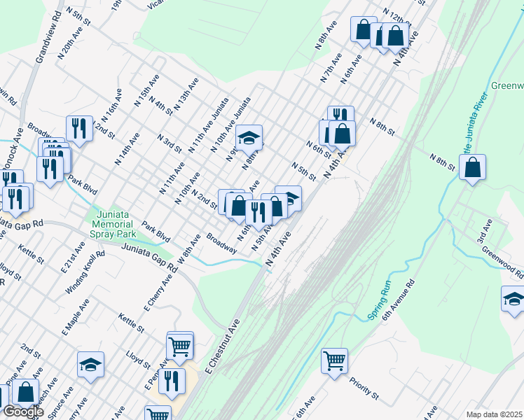 map of restaurants, bars, coffee shops, grocery stores, and more near 210 North 6th Avenue in Altoona