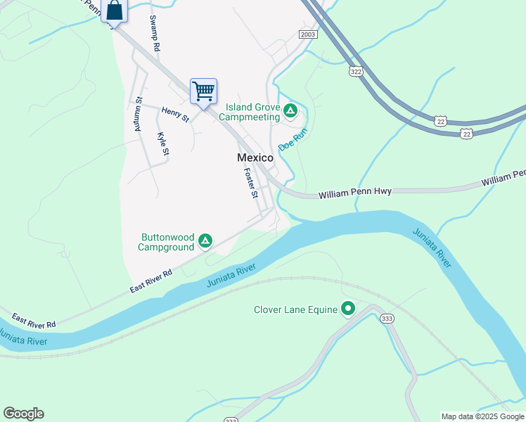map of restaurants, bars, coffee shops, grocery stores, and more near 7 East River Road in Mifflintown
