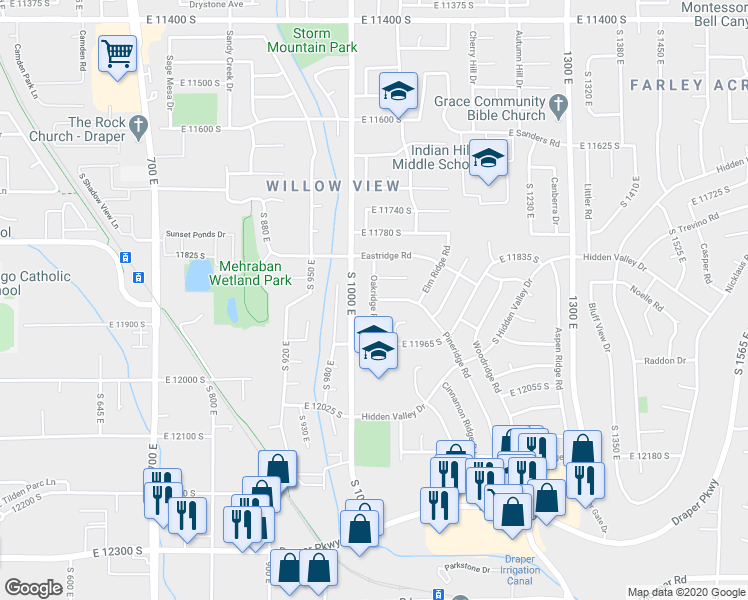 map of restaurants, bars, coffee shops, grocery stores, and more near 11894 Oakridge Road in Sandy
