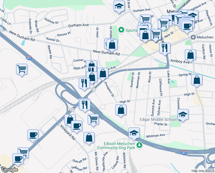 map of restaurants, bars, coffee shops, grocery stores, and more near 37 Prospect Street in Metuchen